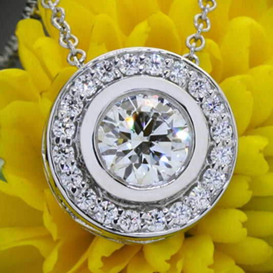 1 CT Round Cut Diamond Charm Pendant For Women, White Gold Pendant, Wedding Pendant, Engagement Pendant, Christmas Gift, Halo Pendant