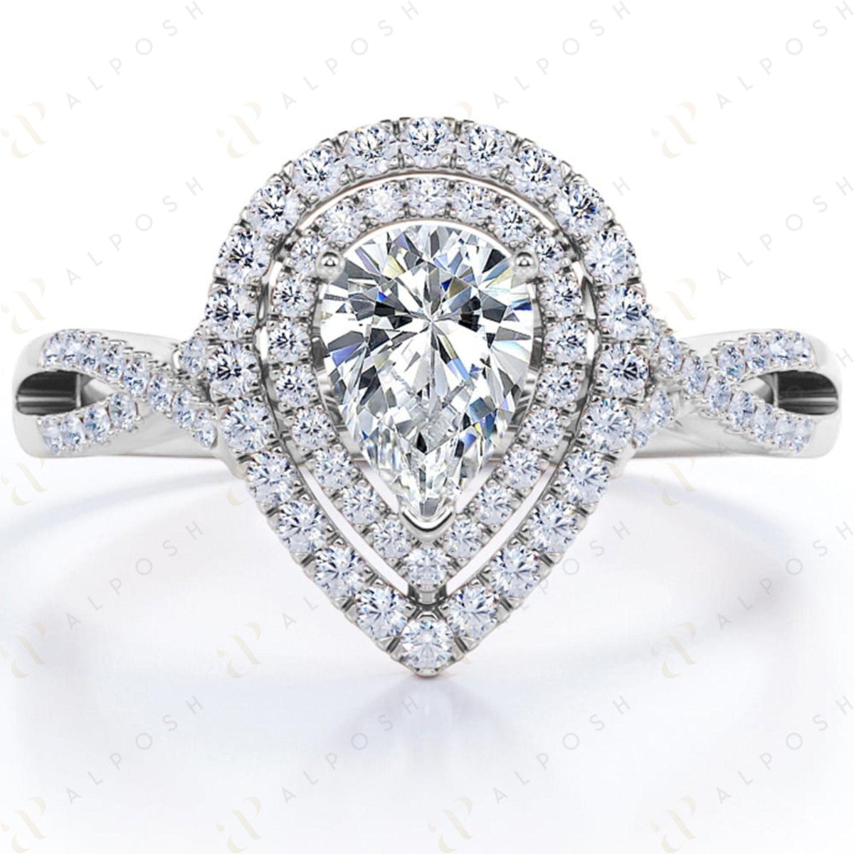 0.85 TCW Pear Cut Double Halo 10K Moissanite Ring for Women
