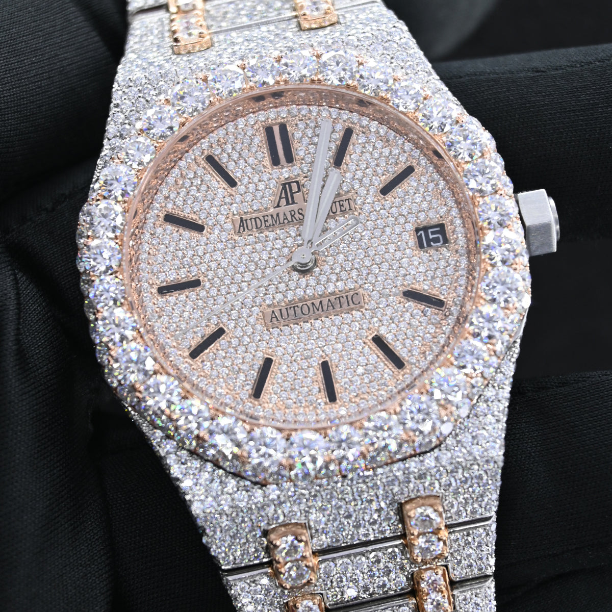 Alposh Audemars Piguet Swiss Eta Movement Rose Gold Full Iced Out Moissanite Diamond Watch Make Dial Plate Roman, Highted Collet, & Bezell