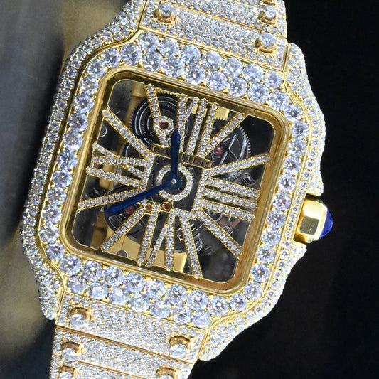 Alposh Cartier Swiss Eta Automatic Movement Bust Down Watch,100 %  Full Yellow Gold Full Ice Out Studded With Real VVS Moissanite Diamond Watch For Men