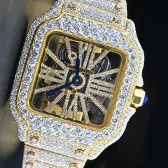 Alposh Cartier Swiss Eta Automatic Movement Bust Down Watch,100 %  Full Yellow Gold Full Ice Out Studded With Real VVS Moissanite Diamond Watch For Men